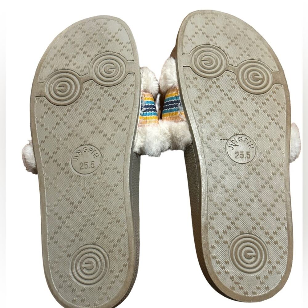 PJ Salvage Women’s 9/10 Ivory Faux Fur Slides with Colorful Trim - Picture 3 of 5